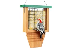 Gbekery Wooden Suet Bird Feeder for Outside Hanging, Woodpecker Suet Feeder with Tail Prop, Hanging Bird Feeder for Wild Birds, 1 Pack, Green