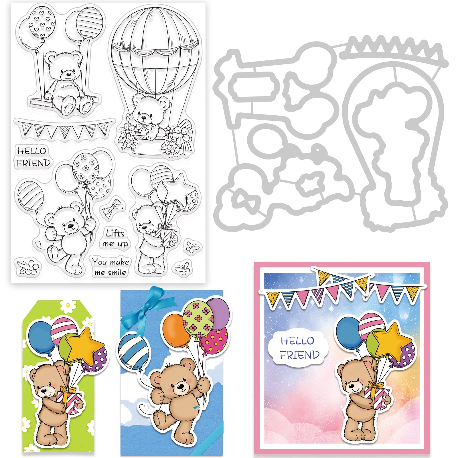 GLOBLELAND Bear and Theme Clear Stamps and Die Cuts Animals Friendship Silicone Stamps Cards and Metal Cutting Dies for Card Making and DIY Embossing Scrapbooking
