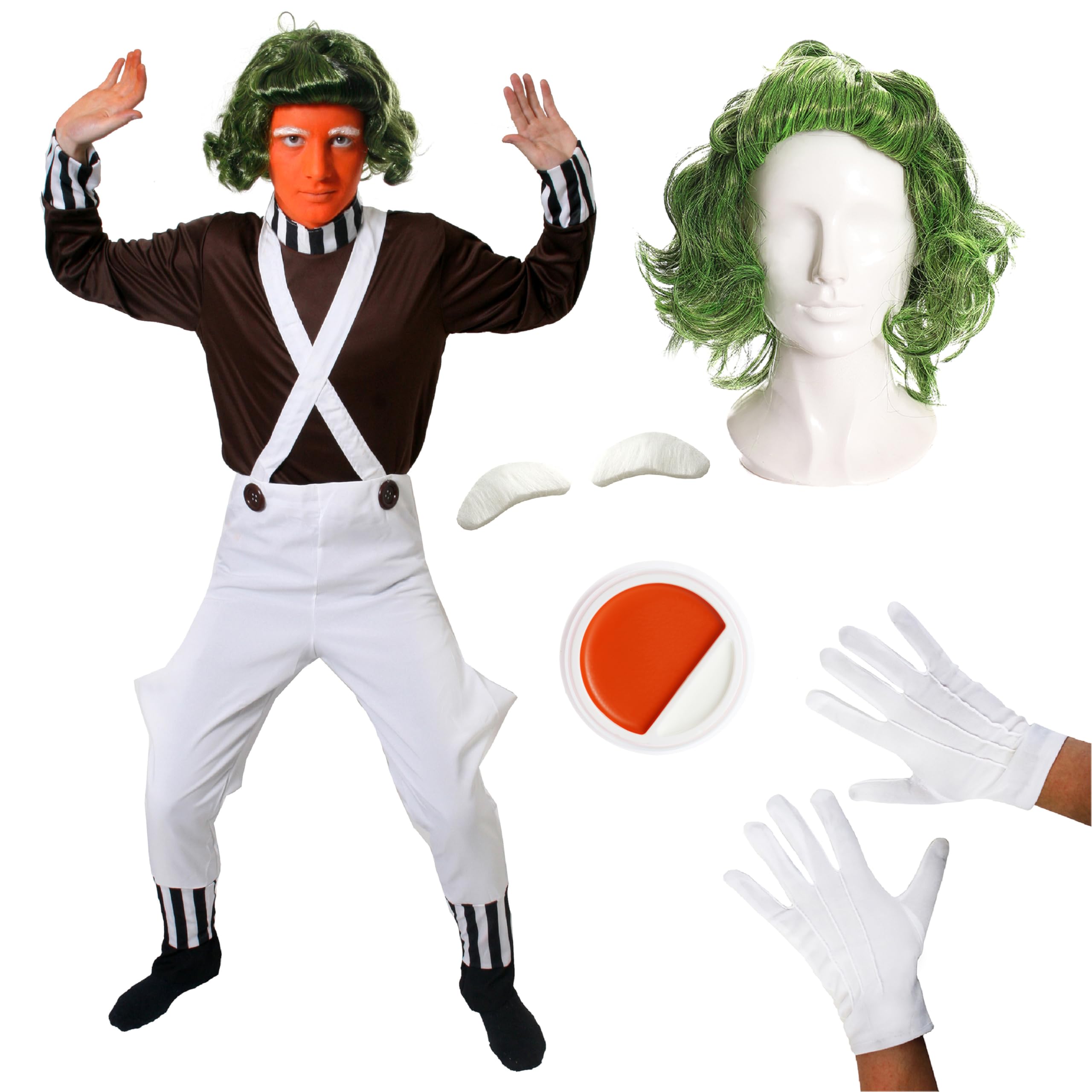 Adults Chocolate Factory Worker - Large - Brown Top, White Dungarees, Green Wig, White Gloves, Orange Facepaint - Adults Fancy Dress Costume Book Week Character