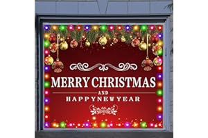 VitalCozy Christmas Garage Door Cover with LED String Light 7x8ft Red Large Xmas Garage Door Banner Backdrop Decoration Outdoor Lighted Merry Christmas Happy New Year Holiday Party Mural Cover Decor