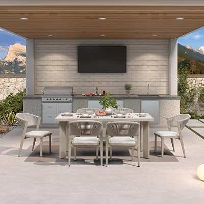 PURPLE LEAF 7-Piece Patio Dining Set Outdoor Furniture Rectangular Table and Chairs Set with Aluminum Frame and Wicker Rattan for Garden Deck Backyard Kitchen Champagne Outdoor Set