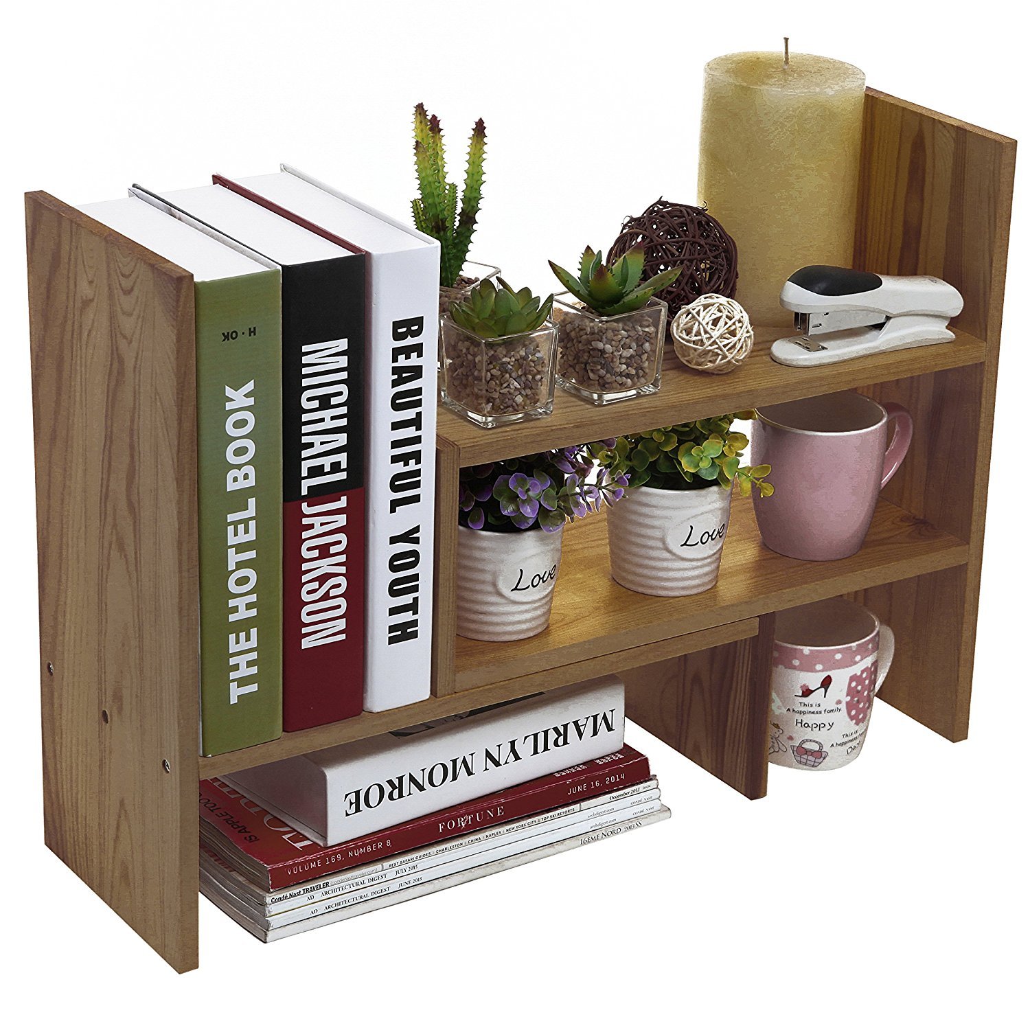 Photo 1 of MyGift Adjustable Brown Solid Wood Desktop Storage Organizer Display Shelf Book Rack, Home Office Desk Decor Bookshelf