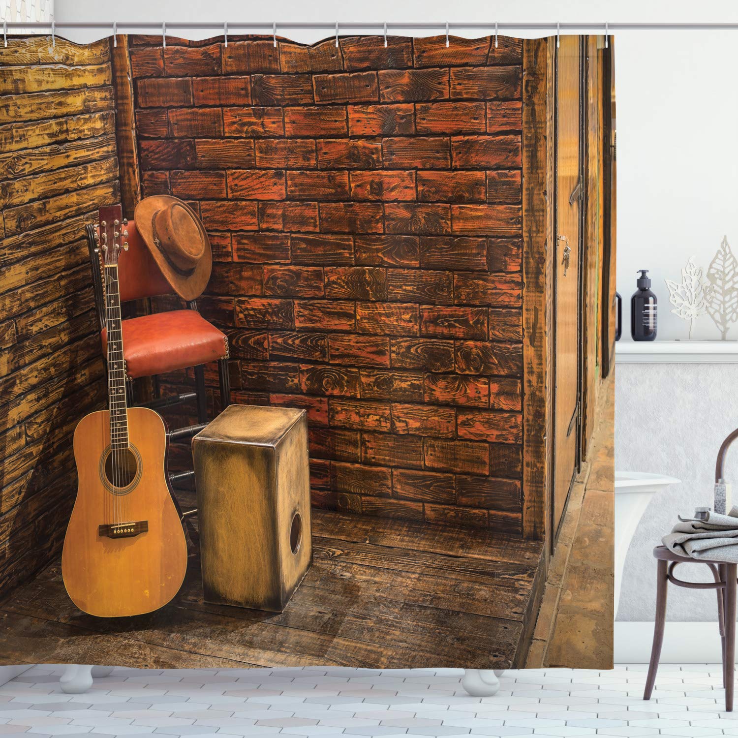 ABAKUHAUS Music Shower Curtain, Music Instruments on Wooden Stage in Pub Beverage Cafe Counter Bar, Cloth Fabric Bathroom Decor Set with Hooks, 70 Inches, Dark Orange Sand Brown