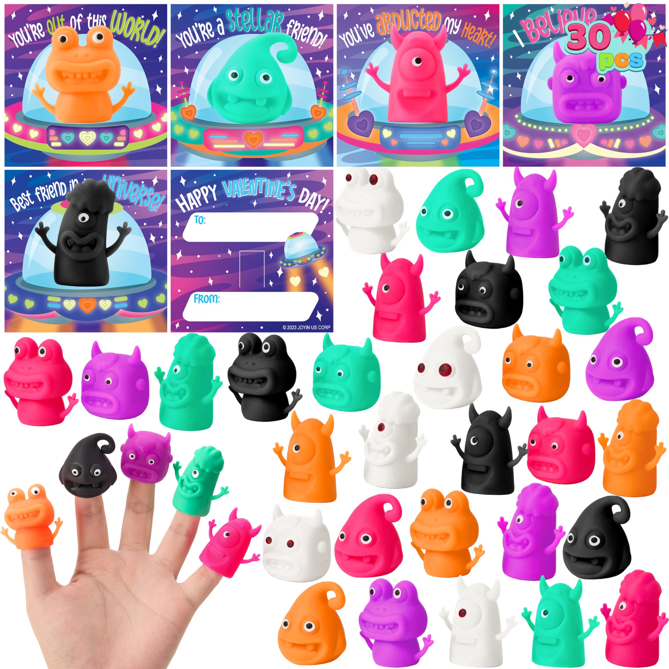 JOYIN 30 Packs Valentine's Day Finger Puppets with Cards, Classroom Exchange Gift for Kids, Valentine's Party Favors, Holiday Reward Prizes