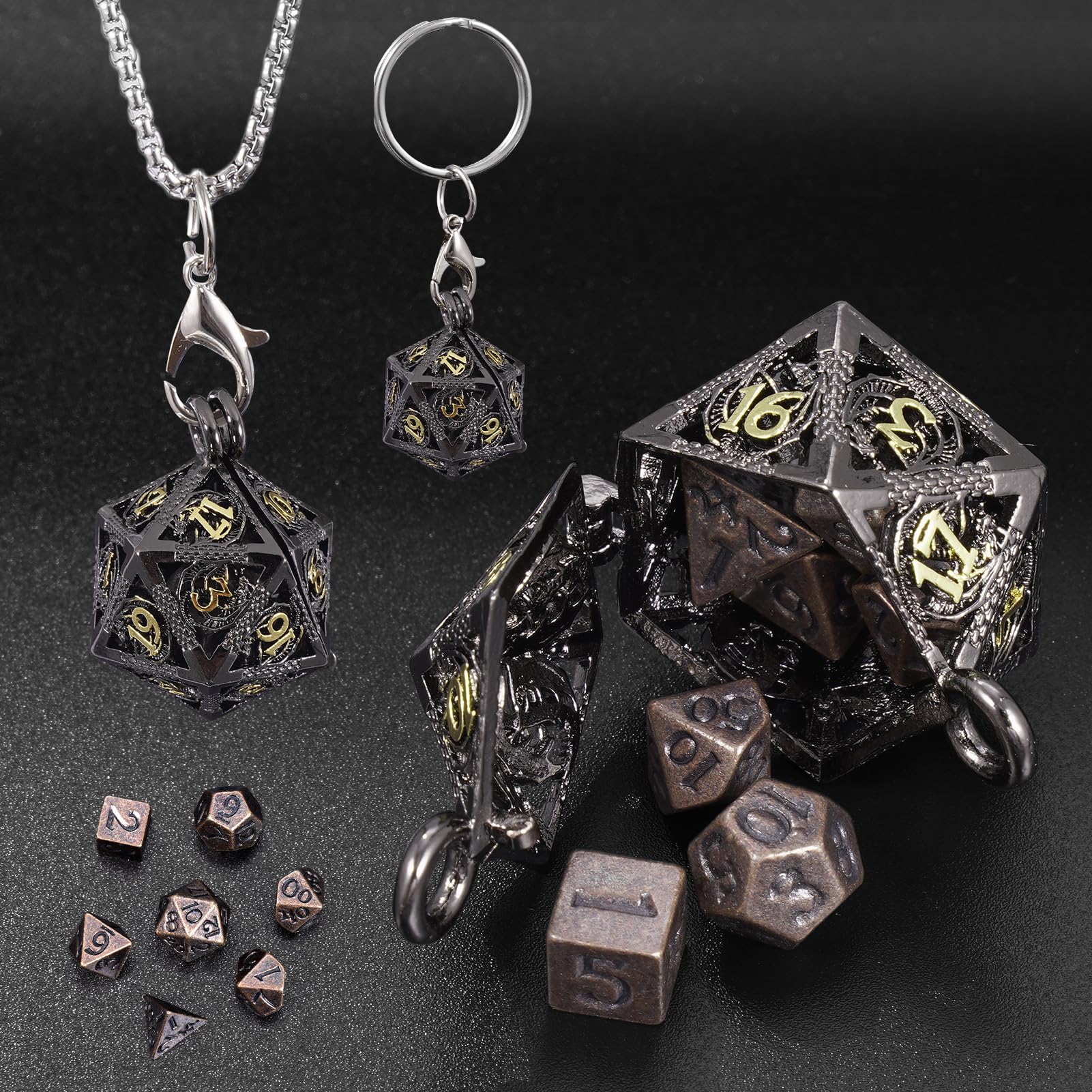ORUZA 7 PCS Mini Metal DND Dice Set With Hollow Necklace Case - Tiny Polyhedral Keychain Dice for Dungeons and Dragons RPG MTG Cards Table Games (Black)