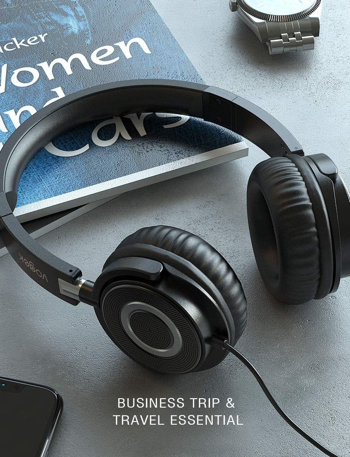 VOGEK On Ear Headphones with Mic, Lightweight Portable Fold-Flat Stereo Bass Headphones with 1.5M Tangle Free Cord and Microphone-Black: Electronics