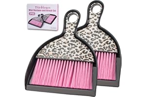 THINKLEARN 2PCS Mini Dustpan and Brush Set, Small Broom and Dustpan Set with Pink Leopard Print Design, Hand Broom Whisk Broom and Dust Pan for Cleaning Desk, Home, Cars, Pets, Kids