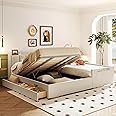 Multifunctional Upholstered Platform Bed, Wooden Queen & Twin XL Size Mother & Child Bed Frame with Hydraulic Storage System, Drawer, Pockets, Bedhead Openable Shelf, Sockets and USB Ports (Beige Bed)