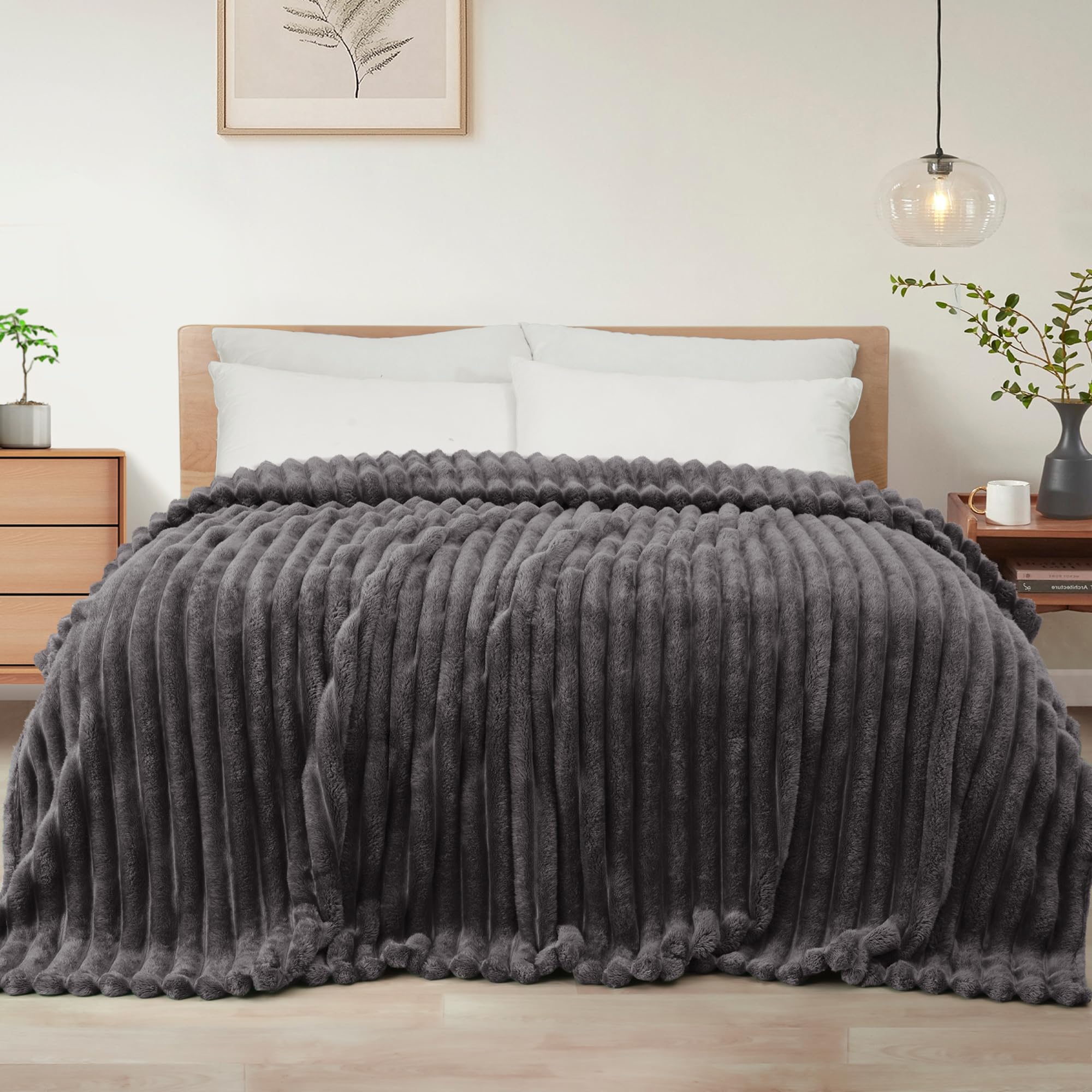 Exclusivo Mezcla Queen Size Flannel Fleece Blanket, Super Soft Striped Jacquard Bed Blanket, Lightweight Fuzzy Cozy for All Seasons, 230x230 CM, Dark Grey