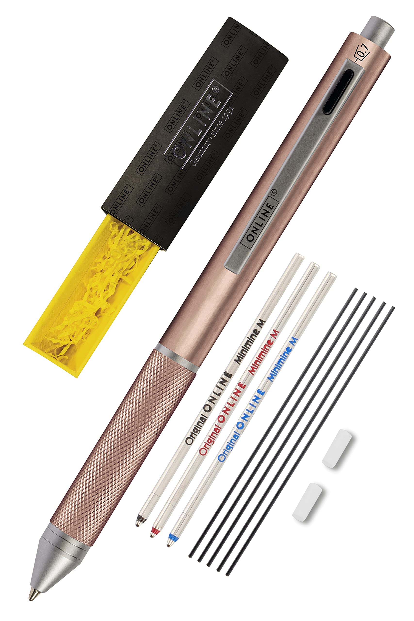 ONLINE Multipen 4-in-1 Rose Gold | Multifunctional Ballpoint Pen and Metal Pencil | 3 Ballpoint Pen Cartridges in Blue, Black, Red, 1 Pencil Cartridge | Includes Eraser, in