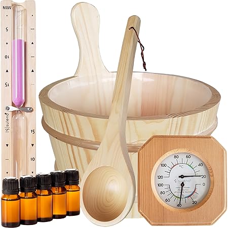 Demmelhuber Sauna Set 10-teilig Saunazubehör Saunakelle Saunakübel Sanduhr Hygrometer Thermometer 5 x Duftkonzentrate