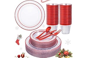 Ciaell 150 PCS Red Plastic Plates – Clear Hammered Disposable Plates with Red Rim include 50Plates, 25Forks, 25Knives, 25Spoons, 25Cups for Wedding & Party & Anniversary & Christmas