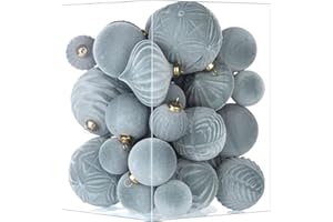 VAINECHAY Flocked Ornaments for Christmas Tree Decorations - 35pcs Gray Velvet Ball Ornament for Winter Holiday Decor - Dusty Blue Plastic Shatterproof Xmas Ornaments Bulk