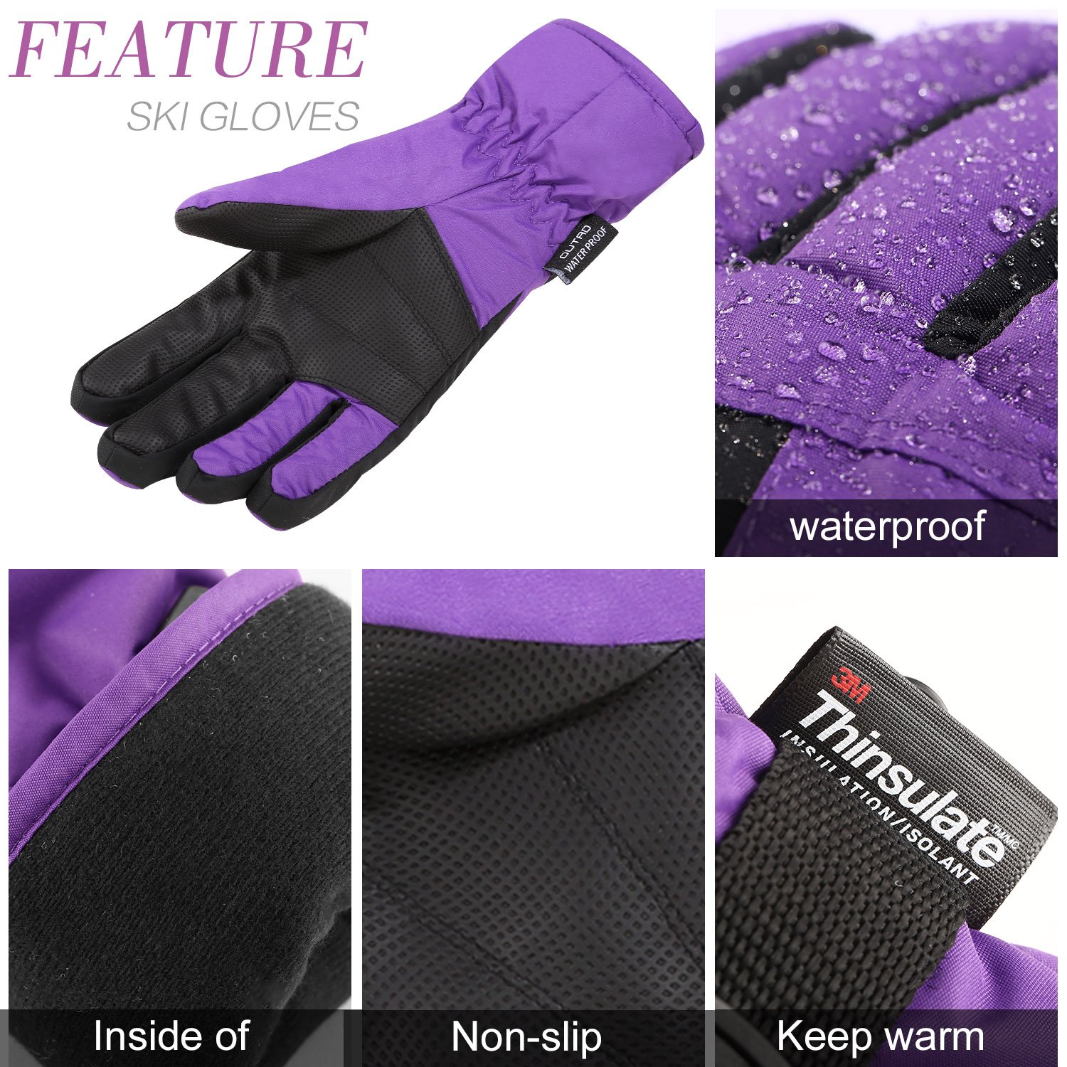 Women\'s Waterproof Windproof Ski Gloves for Skiing, Snowboarding，Cycling and Other Winter Sports Glove with Windproof Thermal Shell & Synthetic Leather Palm