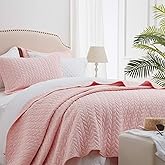 SunStyle Home Pink Quilt Twin Size Bedding Set, Lightweight Comforter Bedspread Blanket Soft Reversible Coverlet for All Season 2pcs Leaf Embroidered Durable Quilted Stitching Bed Set Blush Girl