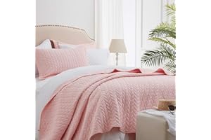 SunStyle Home Pink Quilt Twin Size Bedding Set, Lightweight Comforter Bedspread Blanket Soft Reversible Coverlet for All Season 2pcs Leaf Embroidered Durable Quilted Stitching Bed Set Blush Girl