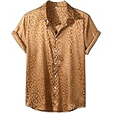 Verdusa Men's Satin Button Down Lapel Collar Leopard Print Short Sleeve Shirt