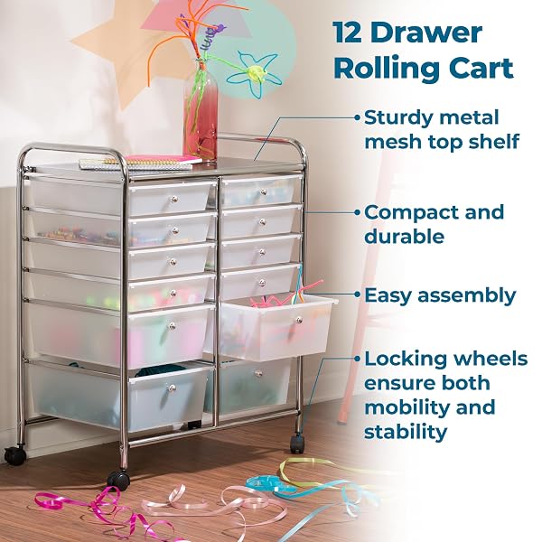 HONEY-CAN-DO ROLLING STORAGE CART AND ORGANIZER WITH 12 PLASTIC DRAWERS
