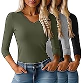 Huukeay 3 Pack Women's 3/4 Sleeve T-Shirts, Summer V Neck Slim Fit Tops Casual Tight Going Out Blouse Basic Layer Tees