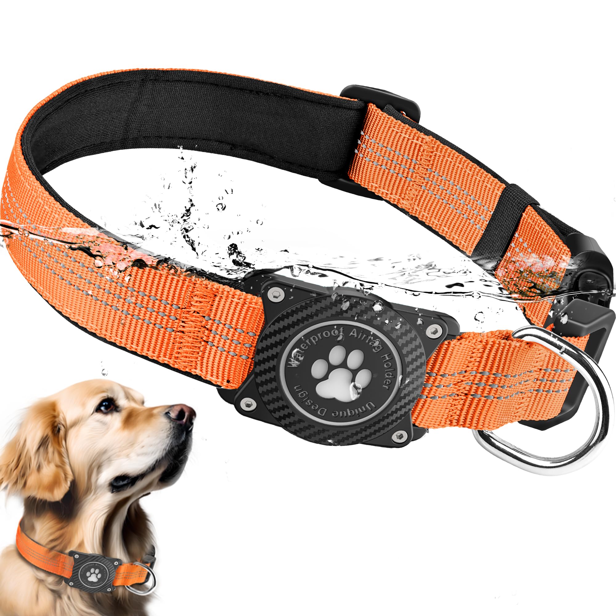 Ytanest Reflective AirTag Dog Collar, Waterproof Air Tag Dog Collar Holder, Luminous,Comfortable and Durable Padded Heavy Duty Dog Collars for Small Medium Large Dogs, Orange, L