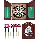 Dart Board Cabinet Set for Adults, 18-inch Dartboard with 6 Steel Tip Darts | Self‑Healing Fibers, Chalkboard Scoring, Rotating Number Ring, Regulation Size for Game Room, Man Cave and Home Bar, Brown