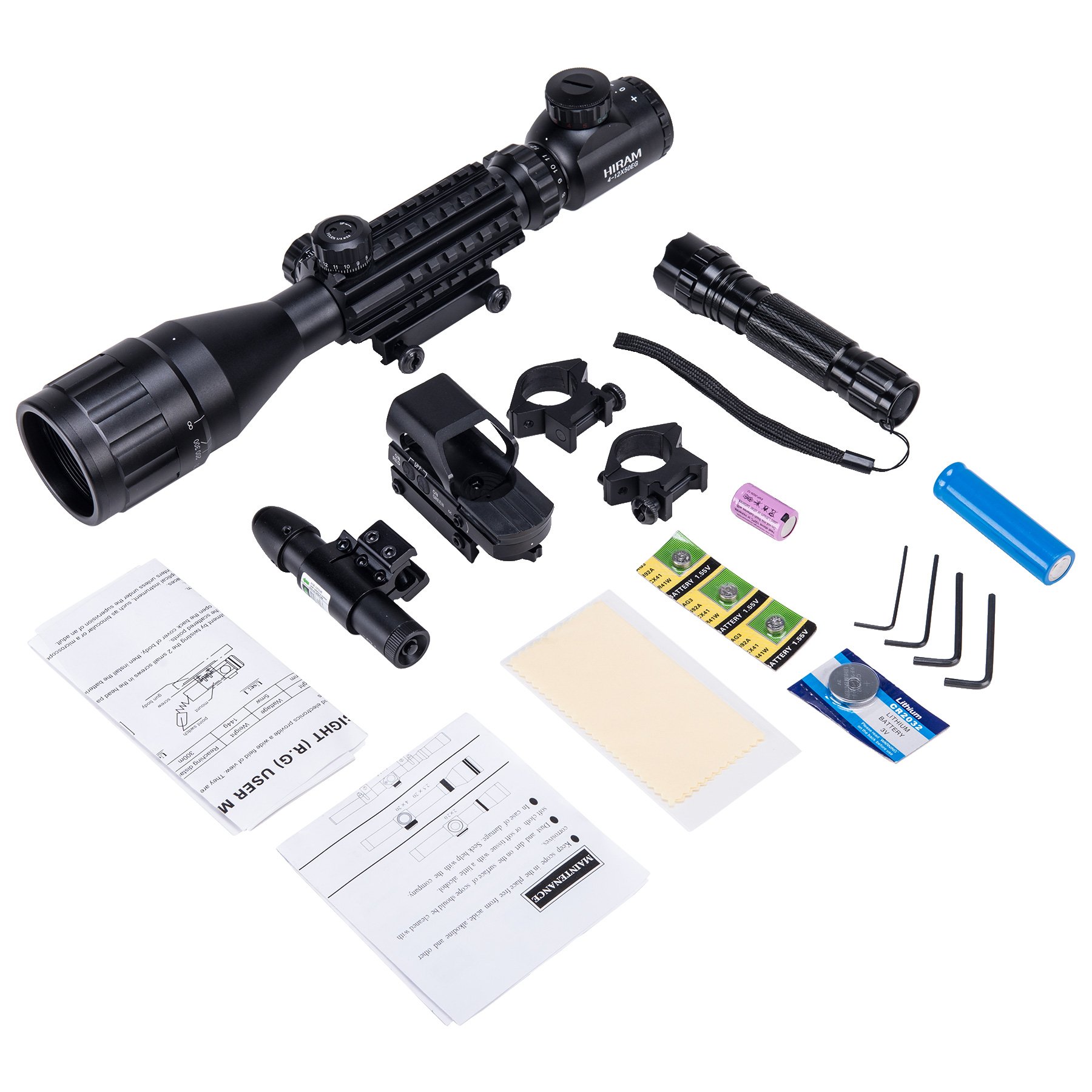 HIRAM 416x50 AO Rifle Scope Combo with Green Laser, Reflex Sight, and