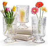 Pumtus 3 Pack Flower Vases for Centerpieces, Vintage Glass Pedestal Vase Set, Decorative Embossed Big Base Vase, Clear Hurricane Candle Holder, Medium Cylinder Vase for Wedding, Home, Party, Office