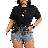 SHENHE Women's Plus Size Fringe Top Sequin Tassel Short Sleeve Summer Tee Shirt Rave Crop Tops
