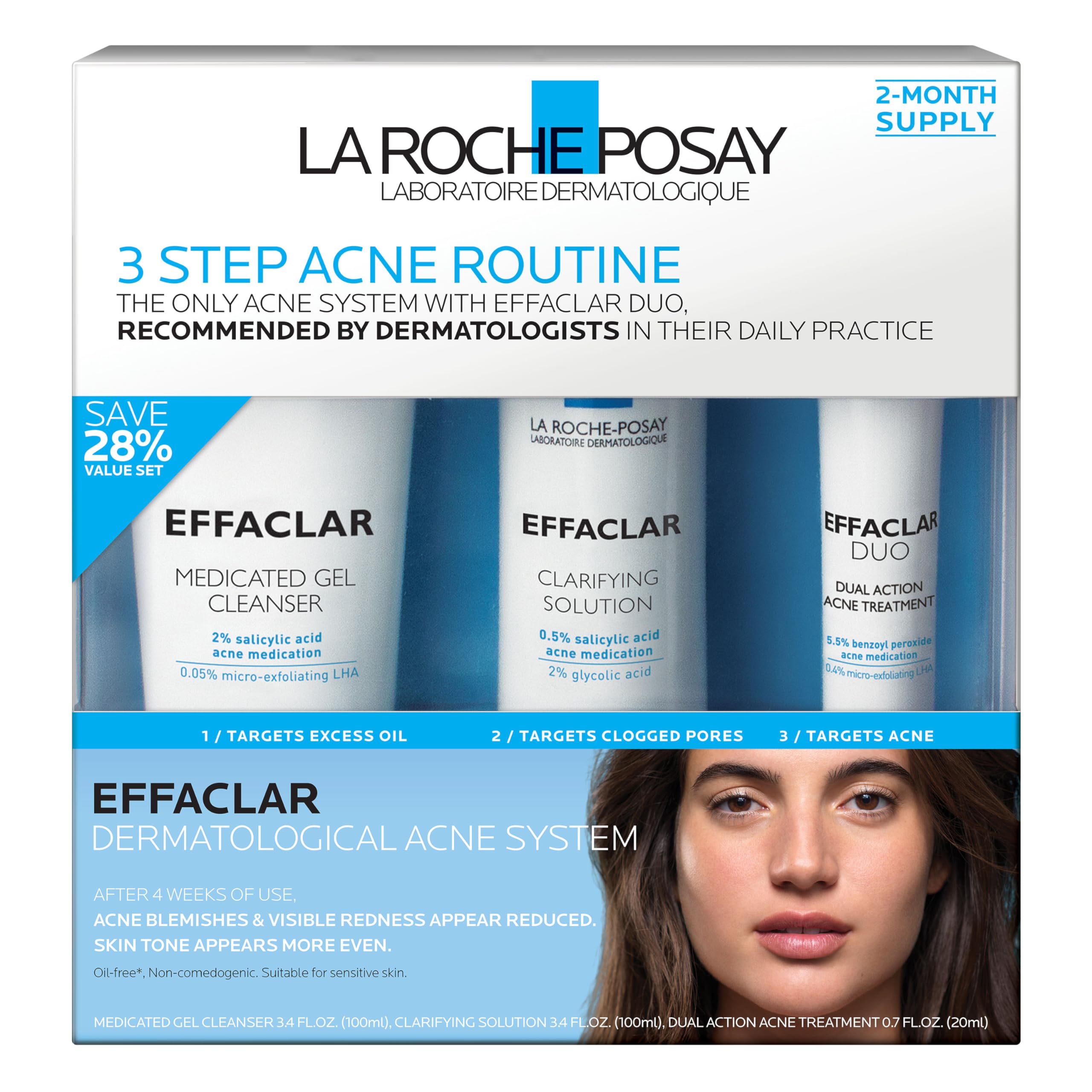 La Roche-Posay Effaclar Dermatological 3 Step Acne Treatment System, Salicylic Acid Acne Cleanser, Pore Refining Toner, and Benzoyl Peroxide Spot Treatment for Sensitive Skin