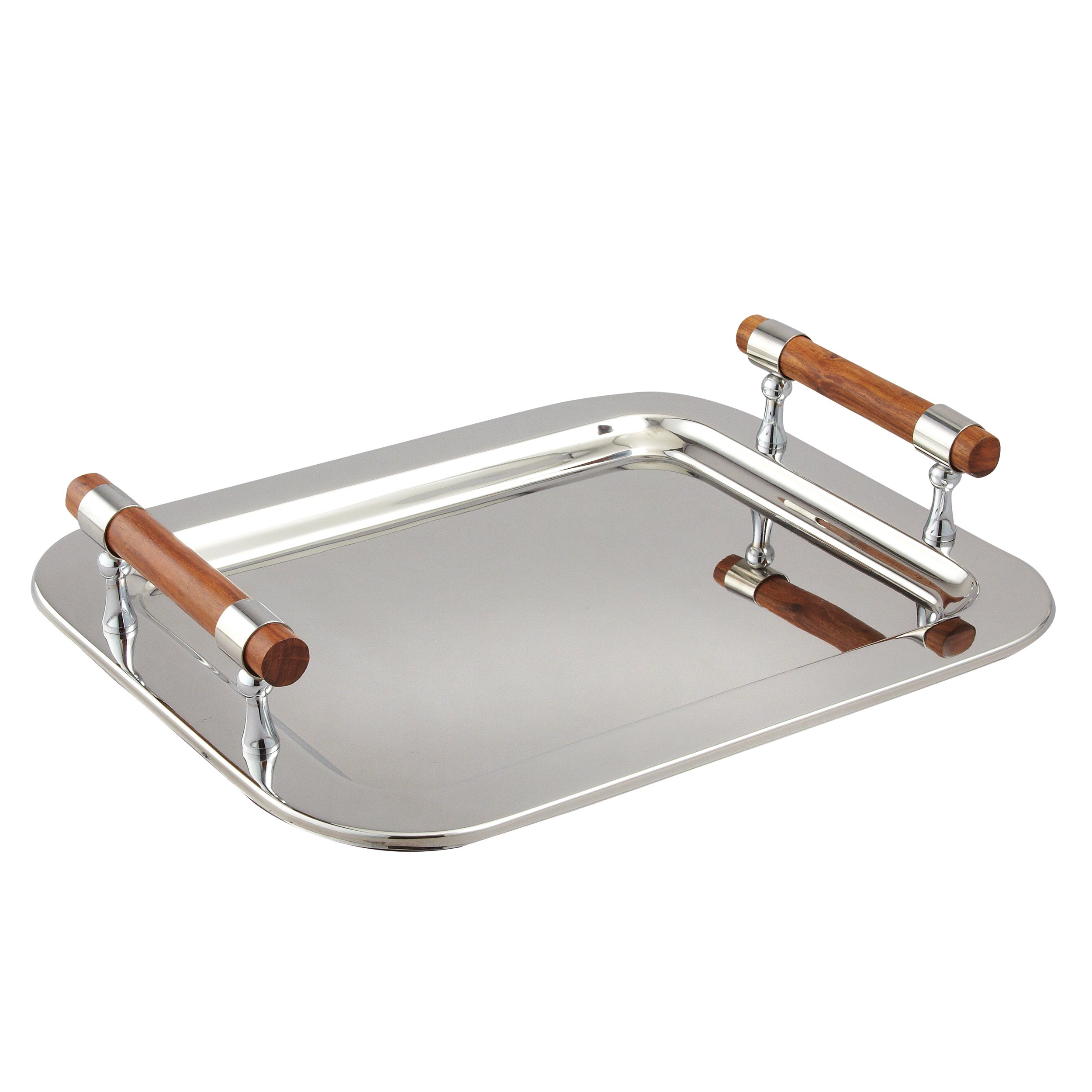 Photo 1 of Elegance Stainless Steel Rectangular Tray with Wood Handles, 16.5 by 13-Inch, Silver