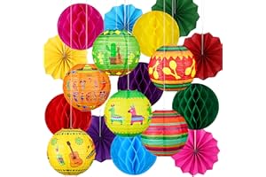 Raiten 18 Pcs Hanging Decorations Kit Hanging Paper Lanterns Honeycomb Ball Paper Fans for Holiday Decoration Party Supplies (Mexican)
