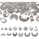 Pandahall 56Pcs Tibetan Style Hollow Filigree Alloy Chandelier Component Charms Links Antique Silver Round Teardrop Rhombus Dangle Earring Pendants Multi-Loop Findings for Women Men Jewelry Making