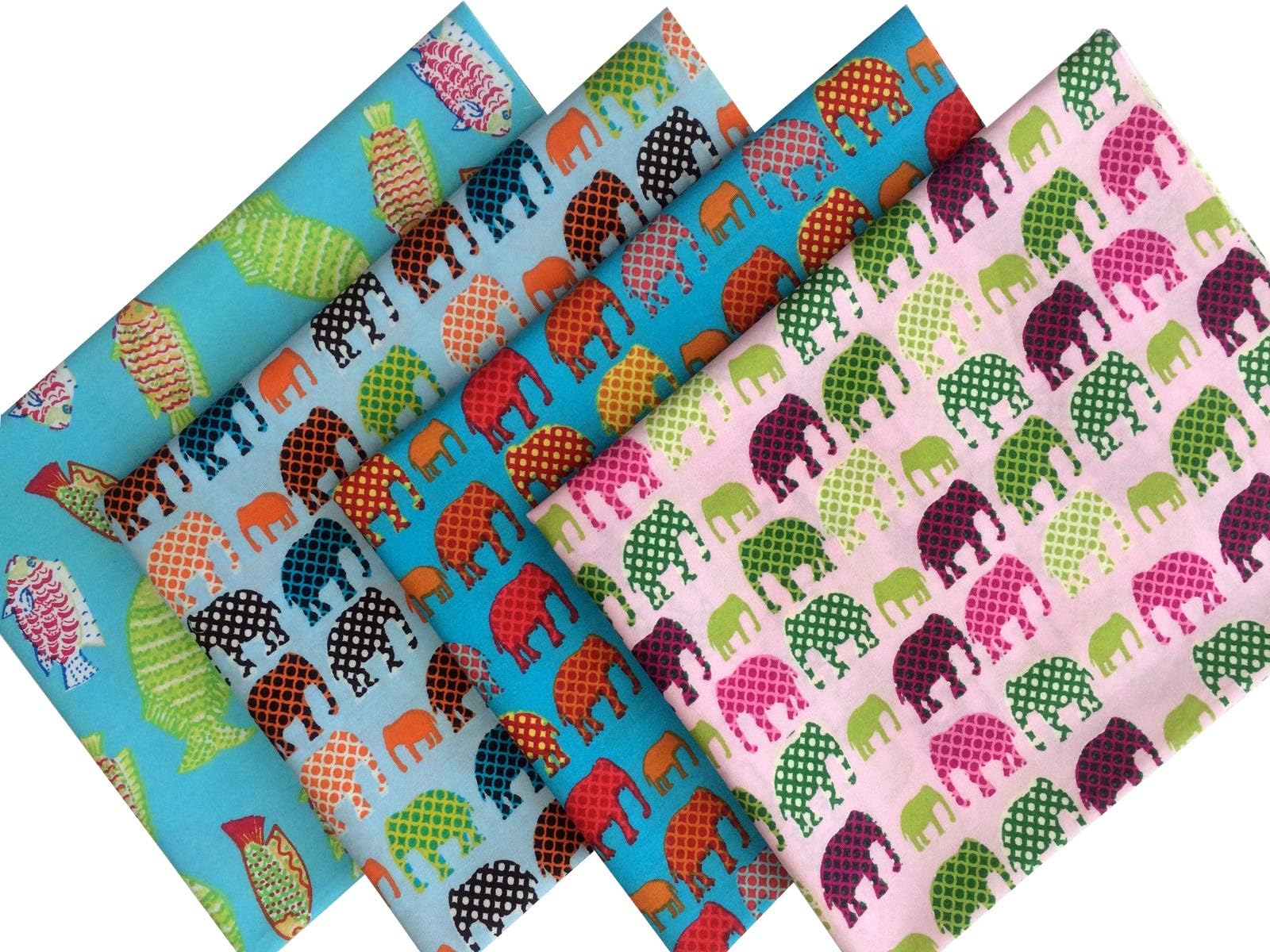 Elephant & Fish Nursery Kids Prints 4X Fat Quarter Bundles 100% Cotton Fabric Material for Crafting Patchwork Quilting Sewing 18" x 28"