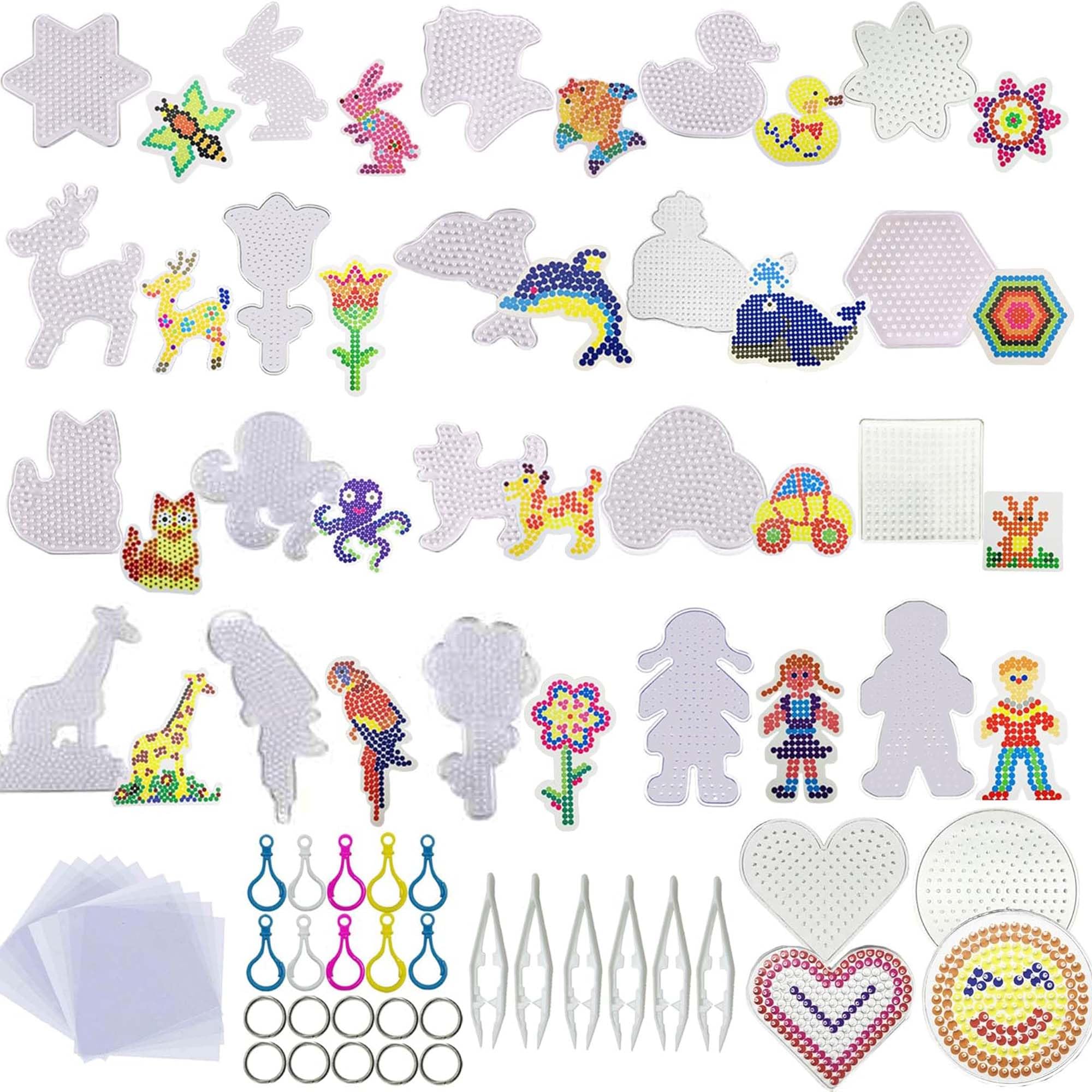 Allazone 5 mm 48 PCS Pack Fuse Beads Boards, 22 PCS Animal Clear Plastic Pegboards with 6 PCS White Beads Tweezers, 10 PCS Ironing Paper and 10 PCS Colorful Keychain for Kids Craft Supplies