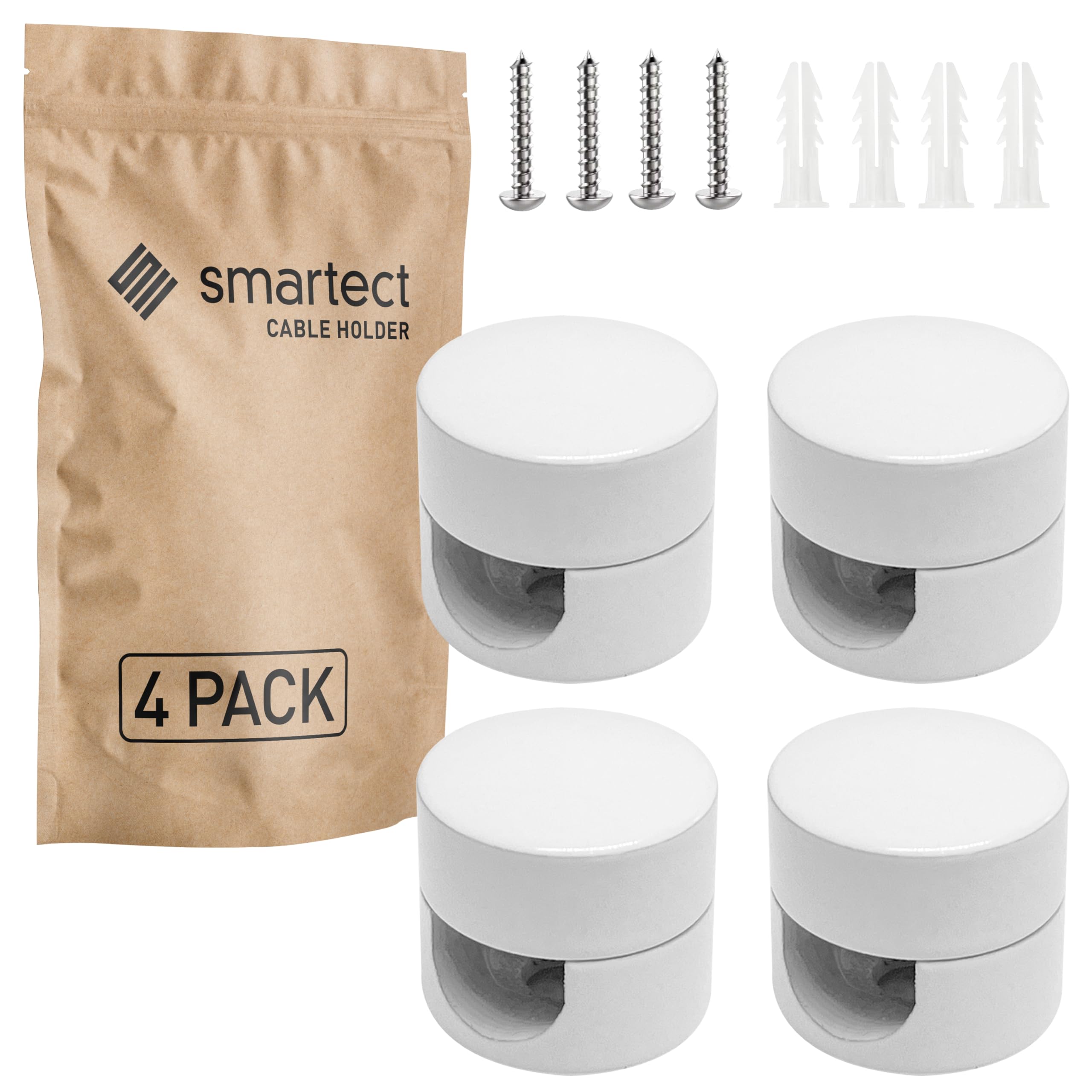 smartect Aluminium Wall and Ceiling Pins [4 Pieces, White] Cable Decentralizer with wall Plugs and Screws Included, Ceiling Light Hook for Your DIY Project