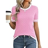 Micoson Womens Short Sleeve Cable Knit Sweater Tops Crewneck Lightweight Spring Summer Shirts Business Dressy Casual Outfits