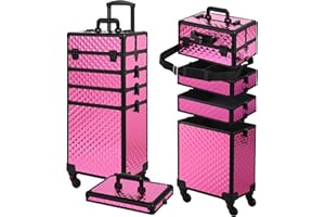 Somduy Rolling Makeup Case, Makeup Train Case with Lid, 5 in 1 Cosmetology Case on Wheels, Christmas Gift, Large Makeup Case Organizers, Profesional Cosmetic Case for Salon Barber, Rose Red