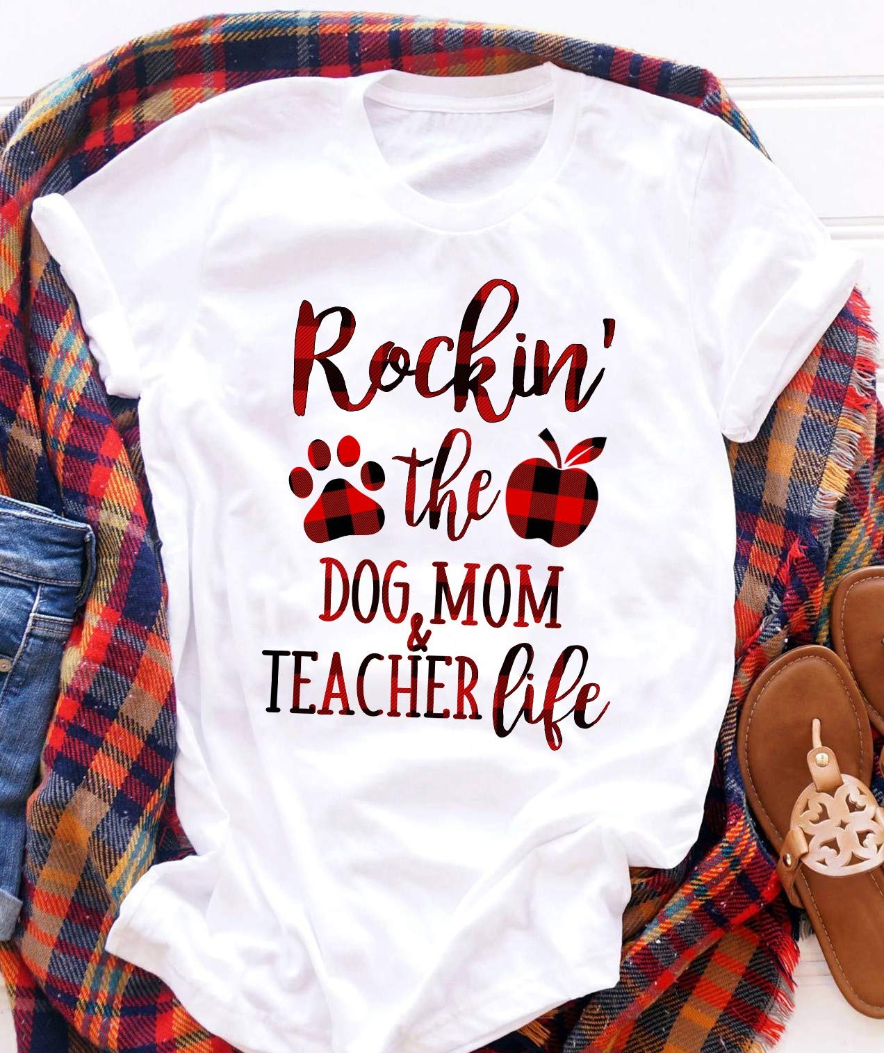 Rockin' The Dog Mom And Tea Life Tartan Christmas Customized Handmade T Shirt