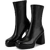 Putu Platform Boots for Women,GoGo Boots,Square Toe Chunky Heel Ankle Boots Pull on Booties