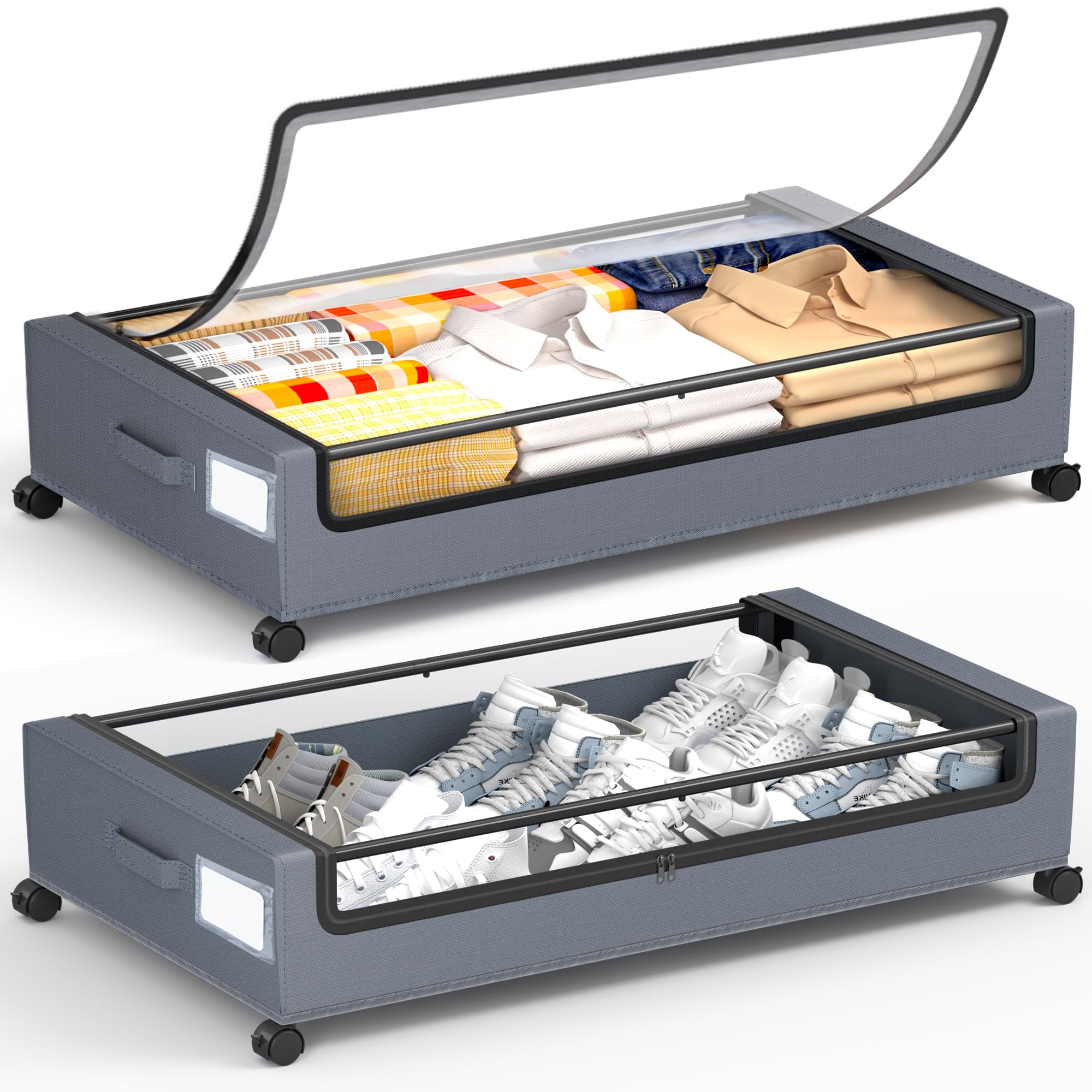 Photo 1 of YEEBONIX Under Bed Storage With Wheels, 2 Pack Square Containers, 60L Bins, Rolling Metal Drawer for Clothes, Blankets, Shoes