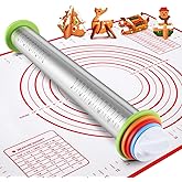 Stainless Steel Rolling Pin and Silicone Mat Set, Adjustable Thickness Rings - For Baking Dough, Pizza, Pies, Pastries, Pasta
