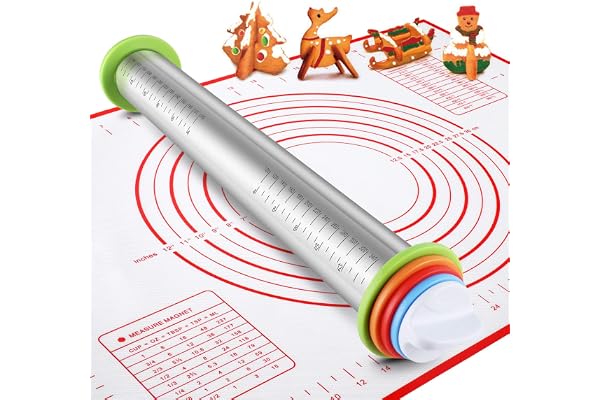 Stainless Steel Rolling Pin and Silicone Mat Set, Adjustable Thickness Rings - For Baking Dough, Pizza, Pies, Pastries, Pasta