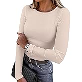QUALFORT Women's Long Sleeve Shirts Ribbed Knit Tops Slim Fit Crewneck Basic Tee 2026 Casual T-Shirt Going Out Fall Outfits