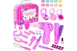 VGOFUN Hair Salon Toys for Girls,38 Pcs Girls Toys Beauty Salon Playset Toddler Pretend Play Hair Styling Kit Kids Makeup Set with Hairdryer Mirror Curling Iron Portable Box and Stylist Accessories