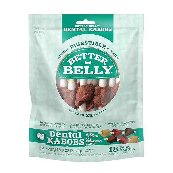 BETTER BELLY DENTAL KABOBS, DENTAL DOG CHEWS WITH BREATH-FRESHENING SPEARMINT, 18 COUNT