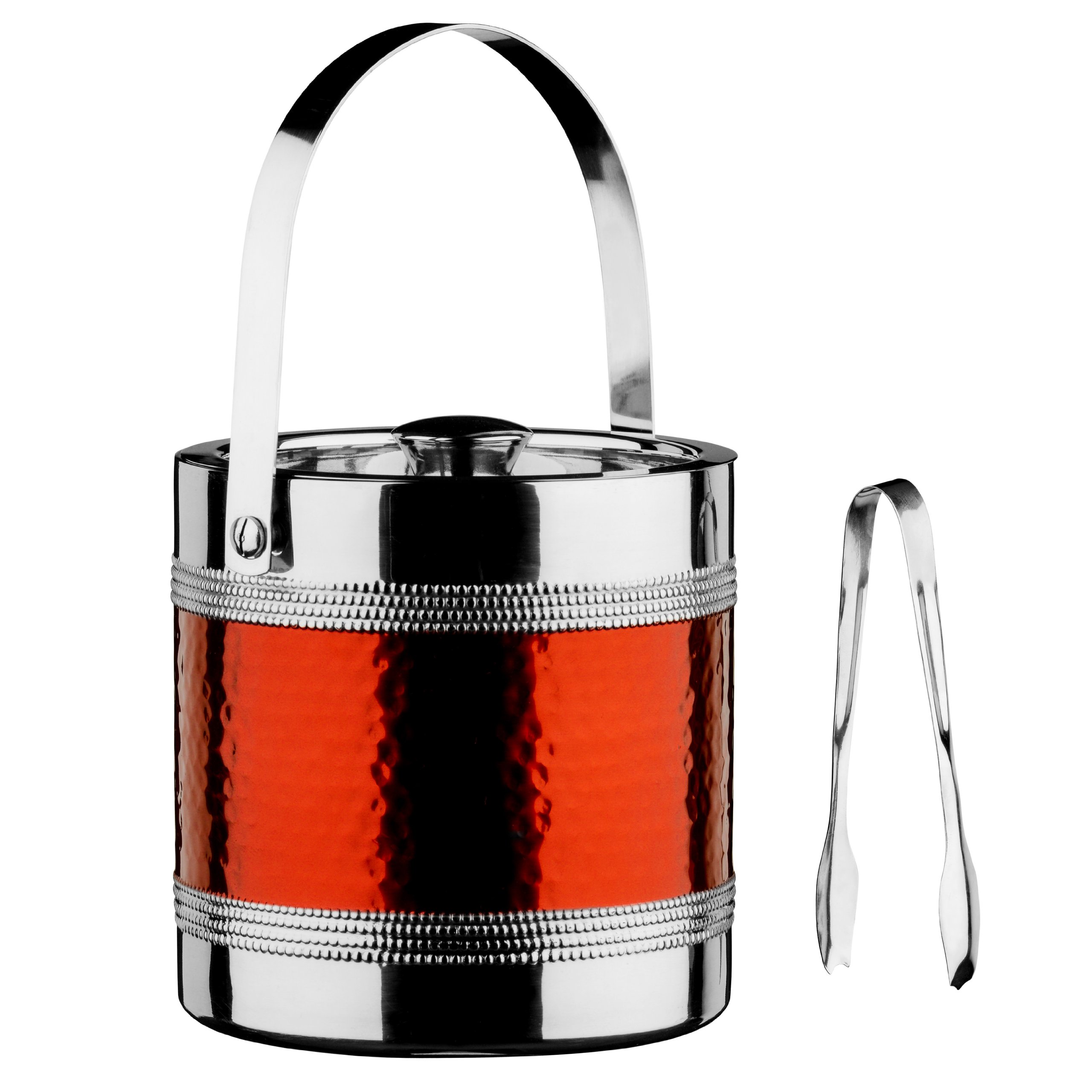 Premier Housewares Ice Bucket and Tongs with Hammered Red Band - Stainless Steel