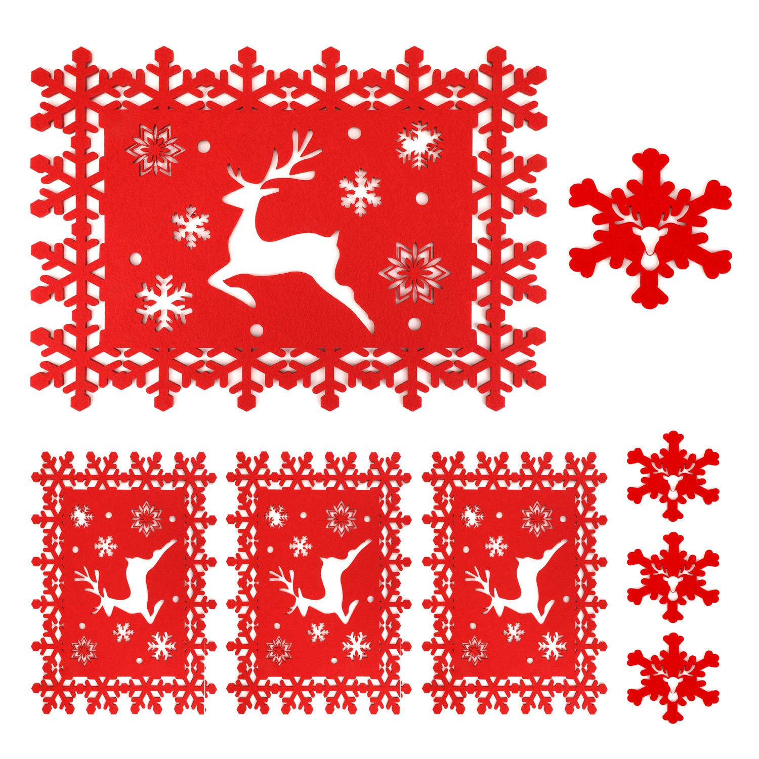 HOWAF 8 Pack Christmas Table Placemats and Coaster, Red Reindeer Snowflake Design Christmas Placemat Set for Christmas Party Winter Holiday Wedding Xmas Dinner Table Decoration