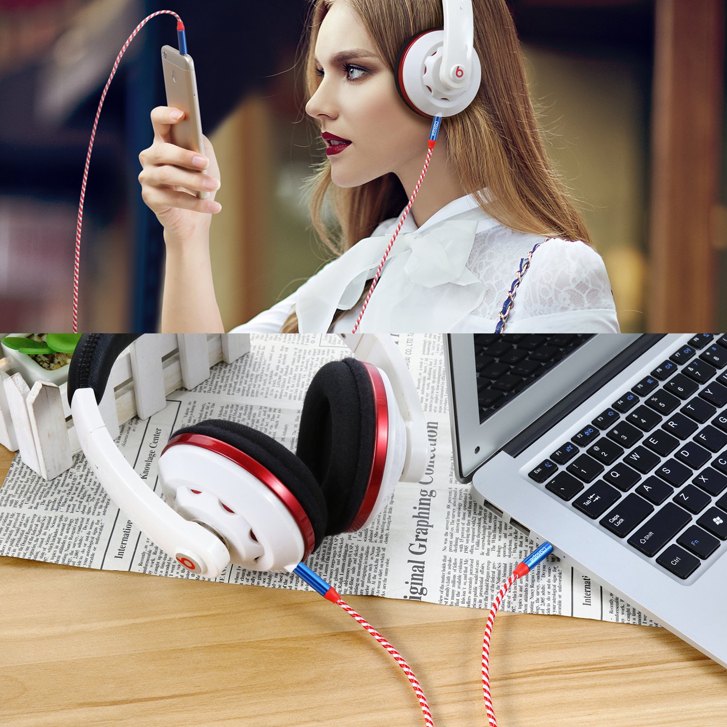 Stereo Cable CSHope 2Pack 3.5mm to 3.5mm Male Jack Nylon Braided Aux Audio Cable with US Flag Color Design (10ft + 3.3ft)