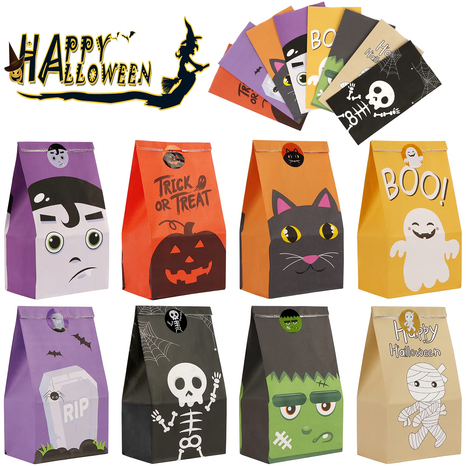 OurWarm 48pcs Halloween Bags for Gifts, Trick or Treat Bags, Halloween Party Favour Bags for Kids, Halloween Party Goodie Bags Candy Bags with Stickers for Halloween Party Favor Supplies