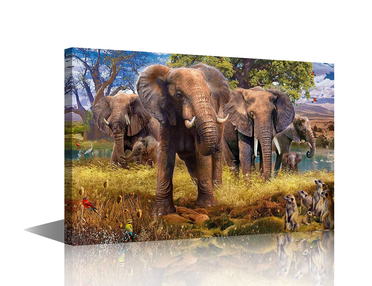 Africa's Elephants Painting Framed Wall Art Canvas Wall Decor Landscape Animals World Painting for Interior Bathroom Wall Décor Bed Dining Room Decorations 16x24inch (40x60cm) — image 1